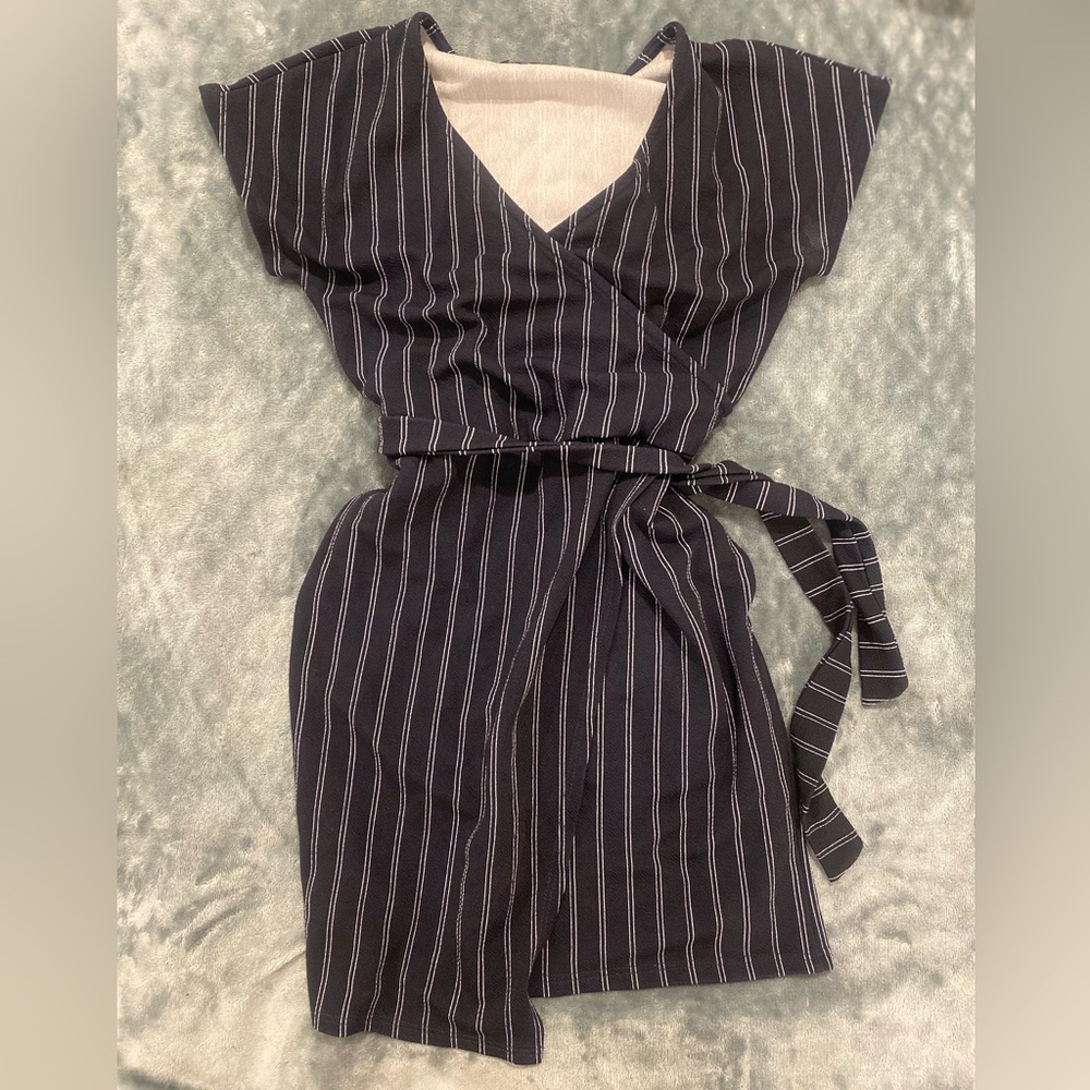 XS Navy Blue Double-Pinstripe, Front Knot Wrap Dress. Comfy Fit.
